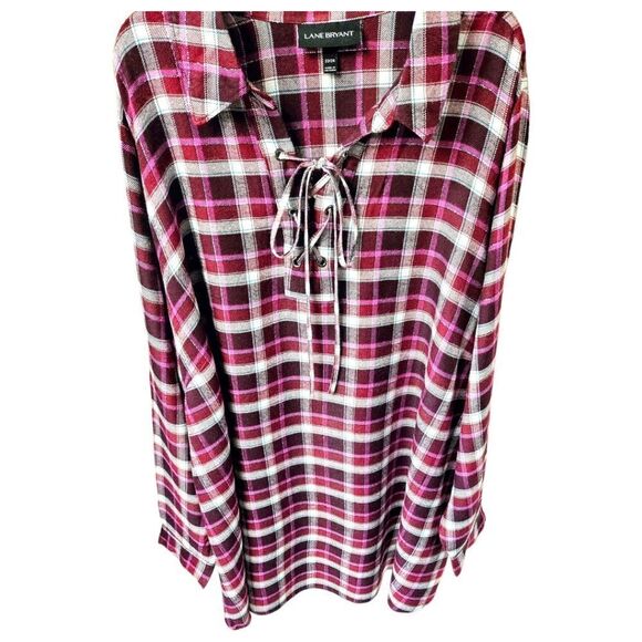 LANE BRYANT Plus Size Long sleeve Shimmery Plaid Top With Tie Front Closure. - Picture 2 of 14
